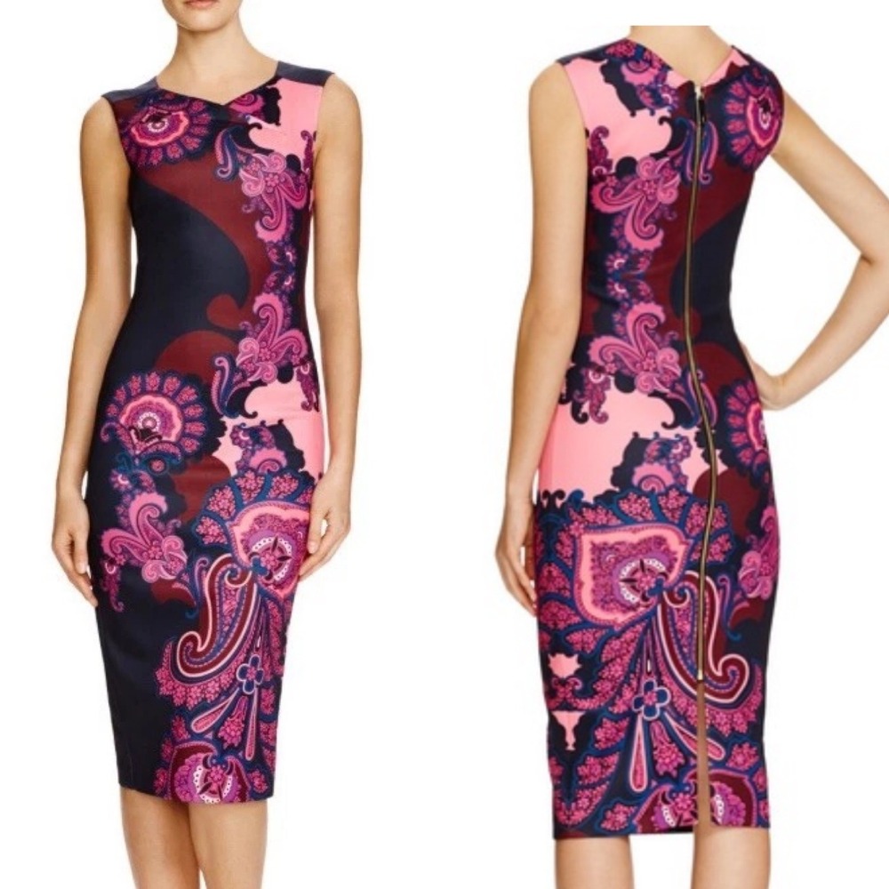 Ted Baker Navy Pink Paisley Sleeveless Full Zipper Bodycon Midi Dress - 2 US 6